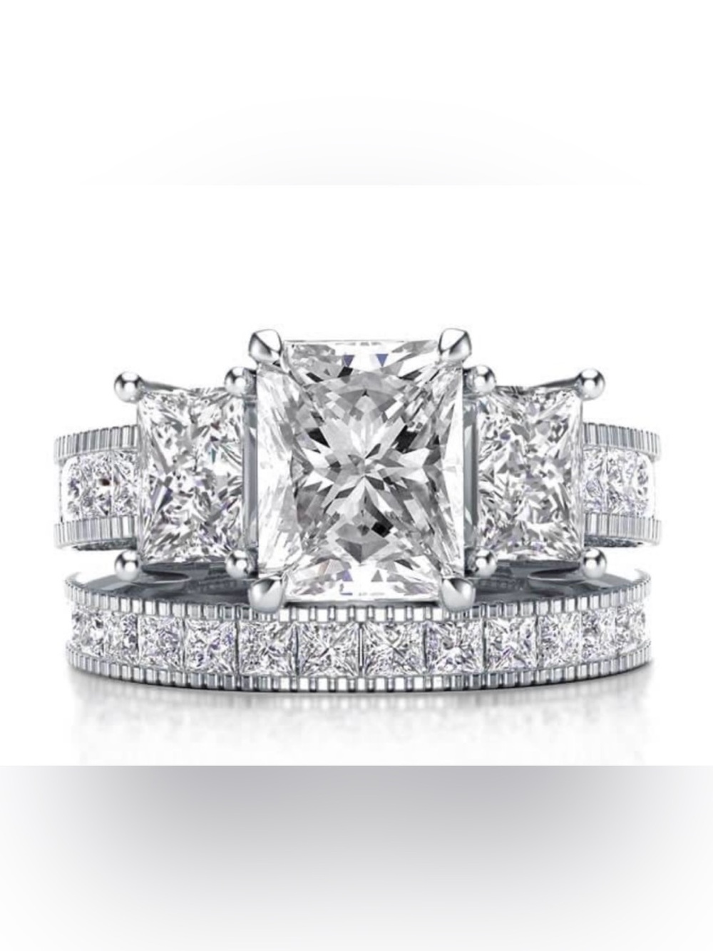 Italo Three Stone Milgrain Created White Sapphire Bridal Set